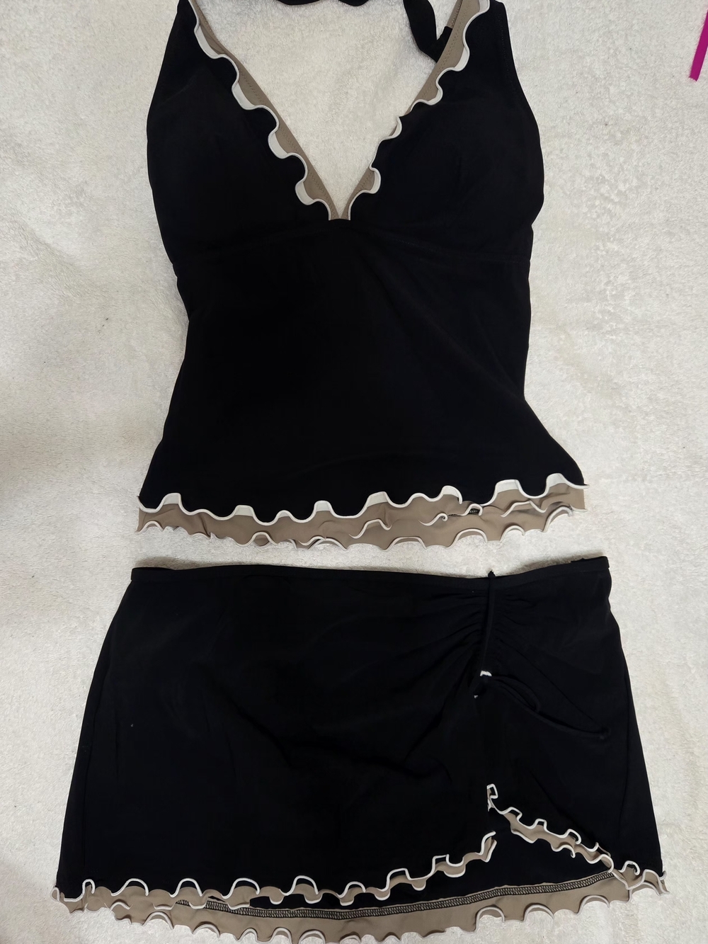 Profile By Gottex Black Swim Tankini with Tan and White Scallop Trim